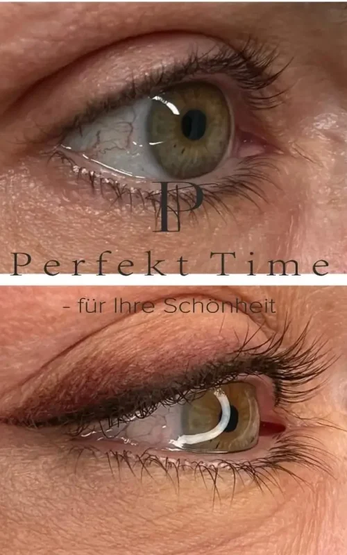 Vergleich der Augen vor und nach einer Eyeliner-Behandlung, um die präzise Arbeit und Verbesserung des Ausdrucks zu zeigen.